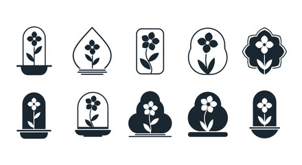 Collection of minimalist flower icons presented in varied geometric and organic containers illustrating botanical art forms