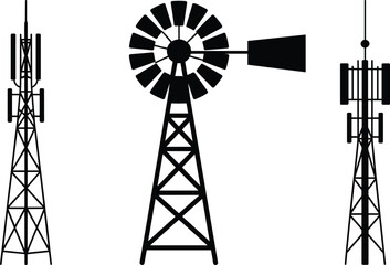 Set of tower silhouettes, windmill, communication tower, radio tower, black vector illustrations for wind energy, telecommunications, and power generation systems