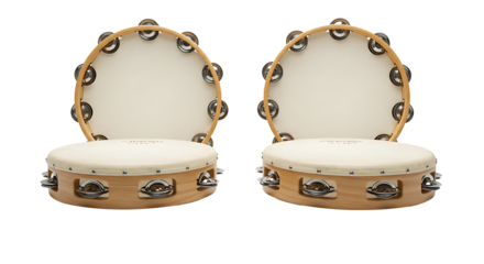 Two tambourines side-by-side against a clean white backdrop, musical percussion instruments