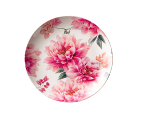 Elegant plate with pink peony flowers isolated on transparent background for decoration isolated on a transparent background
