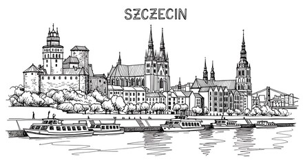 Fototapeta premium Szczecin Skyline Drawing with Boats on the River.