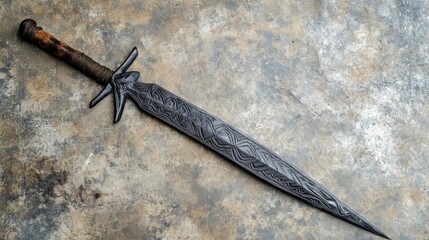 Intricately Carved Dark Sword on Weathered Stone