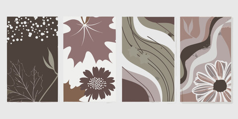 Four abstract vertical panels featuring botanical elements and organic shapes in earthy tones