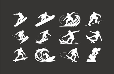 Surfer Silhouettes Collection, 12 dynamic full-body poses, surfing on different waves, surfing action, sports illustration, black silhouette of men surfing, perfect for posters, illustrations, design
