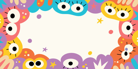 Whimsical and colorful abstract monster characters border with large eyes and playful shapes on a light background © Rathin