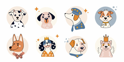 Collection of adorable cartoon dog portraits with crowns and uniforms in a whimsical style