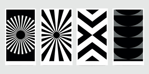 Four modern abstract geometric designs featuring sunburst chevron and half circle patterns in black and white