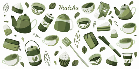 A charming collection of matcha tea related items and desserts in a delightful green color palette