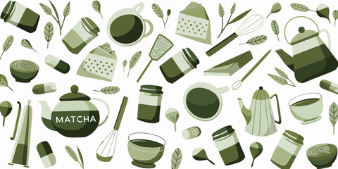 A playful pattern of matcha tea elements including teapots cups bowls whisks and jars on a white background