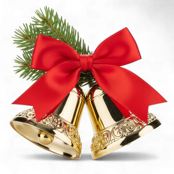 Golden christmas bells with red ribbon isolated on transparent background