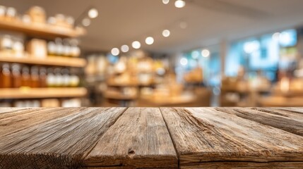 Rustic Wooden Tabletop Display with Blurred Retail Store Background for Product Mockups and Presentations