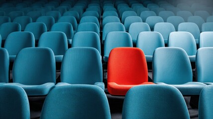 Fototapeta premium Empty Theater Seats with One Red Chair, Standing Out from the Crowd, Uniqueness Concept