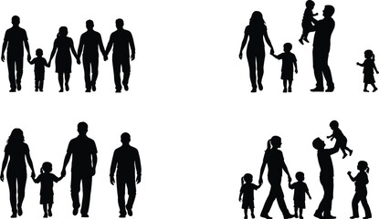 Family silhouettes, parents and children, togetherness and bond, vector graphic, parenting concept, walking and playing, black and white set,
