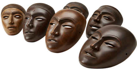 A collection of traditional wooden masks, showcasing diverse expressions and cultural heritage