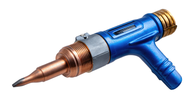 Gas welding torch featuring copper nozzle with industrial tool design for metalwork, construction, repair and engineering, isolated on white background