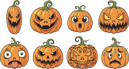 Cartoon jack-o'-lanterns with funny faces, spooky expressions, Halloween pumpkins, vector illustration for festive decoration, humor, and seasonal design
