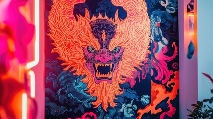Fiery Dragon Mural: Neon Art in Interior Design
