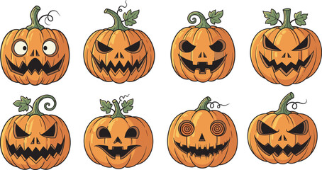 Cartoon jack-o'-lanterns with funny faces, spooky expressions, Halloween pumpkins, vector illustration for festive decoration, humor, and seasonal design