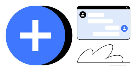 Fototapeta premium Large add button, messaging interface with profile icons, and abstract cloud design. Ideal for communication, teamwork, online messaging, app design, interaction, minimalism simple landing page