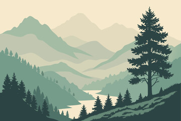 Fototapeta premium Vector art of a serene mountain landscape with a lush green valley, towering pine tree, and misty peaks, evoking a sense of tranquility and natural beauty