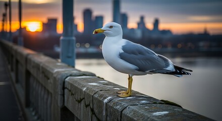Seagull Perched on Bridge Railing with City Skyline at Sunset.