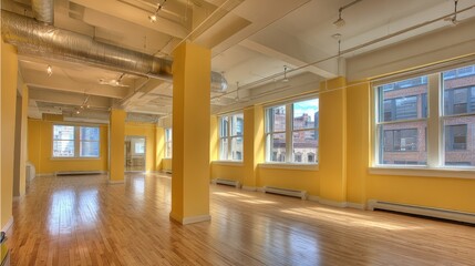 Fototapeta premium Bright and Spacious Loft Interior with Large Windows and Wooden Floor in Contemporary Design