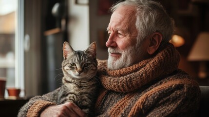 Elderly Man and Cat Companionship