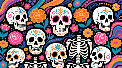 A colorful graphic background for the Mexican holiday Dia de los Muertos. The image is filled with a lively pattern of decorated sugar skulls, skeletons, and flowers in a traditional cartoon art style