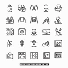 Baby & Toddler Essentials Line Icons Part 4: Flat Modern Set. Black & White Vector Art for Advanced Feeding, Outdoor Play, Home Safety, Comfort & Memory Storage.