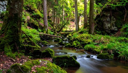 Lush forest stream flowing through mossy rocks