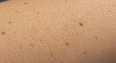 Fototapeta premium Closeup of human skin with small brown moles scattered across the surface The skin tone is fair and wrinkles are visible