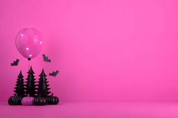Pink Halloween Scene Bats, Pumpkins, & Glowing Balloon