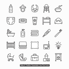 Baby Toddler Essentials Line Icons Set: Flat Front-View Grid. Modern Minimalist Black & White Outline Graphics
