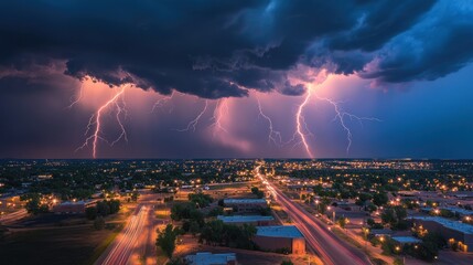 Night Storm Over Cityscape: Breathtaking Lightning Strikes
