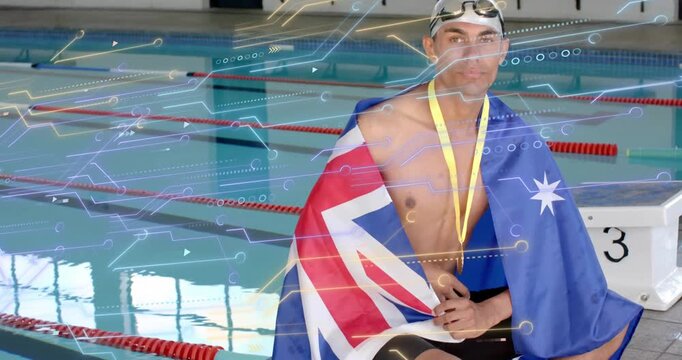 With sports circuit overlay scrolling swimmer adjusting AUS flag holding medal celebrating win