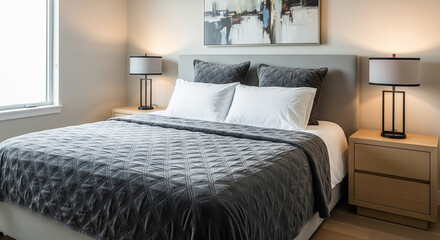 Modern and Stylish Bedroom with Gray Quilted Bedding. This photograph showcases a beautifully appointed modern bedroom with a sophisticated color palette