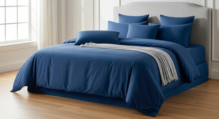 Luxurious Bed with Deep Blue Duvet and Pillows. 
A stylish and contemporary bedroom features a king-sized bed with a stunning deep blue duvet and a complete set of matching pillows
