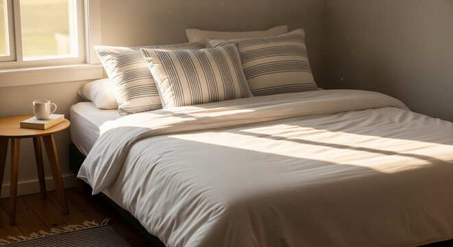 Cozy Bedroom with Soft Natural Light on Bed. 
This inviting image captures a cozy bedroom bathed in the warm, golden glow of natural light
 - Powered by Adobe