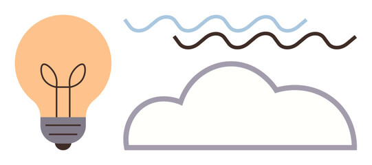 Lightbulb next to abstract cloud and wavy lines suggesting ideas, innovation, and imagination. Ideal for brainstorming, creativity, design, innovation, problem-solving, inspiration and conceptual