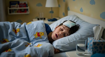 Sick child with fever sleeping in bed with a cooling gel pad on his forehead.