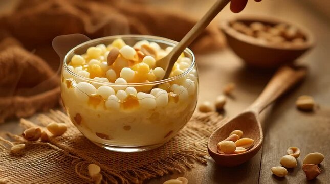 Tapioca Pearls Dessert: A captivating shot of a classic dessert, the bowl brimming with tapioca pearls, nestled alongside wooden spoons and peanuts, ready for a delectable treat. 