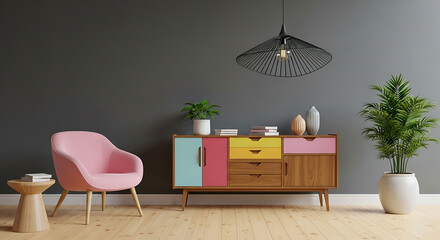 Eclectic living room interior with a colorful cabinet, pink chair, unique lamp, and potted plants, creating a vibrant and stylish space for relaxation and socializing