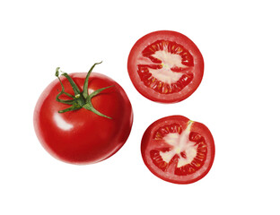 Fototapeta premium Ripe tomato, whole and halved, top-down view