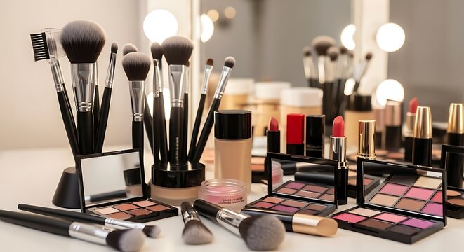 Professional makeup artist vanity with a collection of brushes and cosmetics.