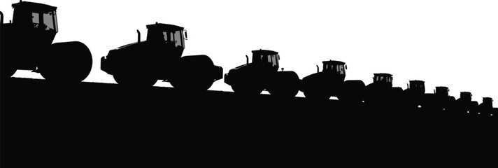 Full Black Silhouette of Construction Equipment: Roller Compactors in Line, Ideal for Construction, Industry, Heavy Machinery Themes, Perfect for Engineering Illustrations