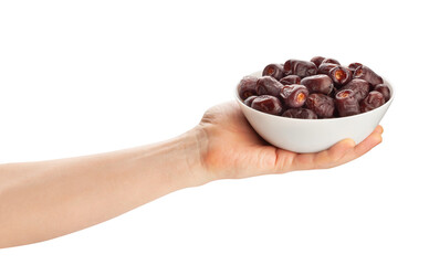 dates fruit in hand path isolated on white
