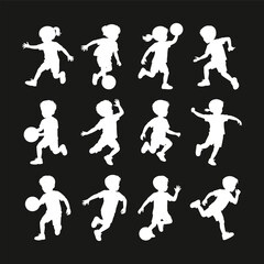 Silhouette of children playing with balls, active kids running and jumping, outdoor play, joyful childhood 