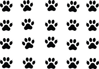 Seamless paw print pattern, black animal footprints silhouette, dog and cat paw icon background, pet trail vector illustration design