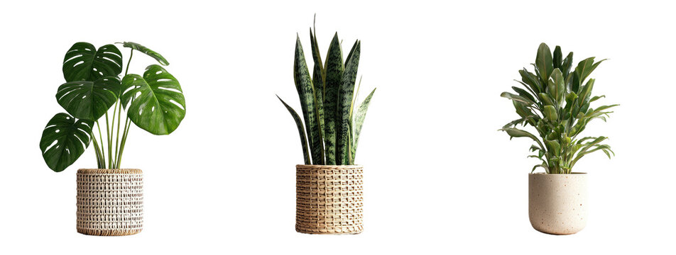 Three potted houseplants in light-beige planters