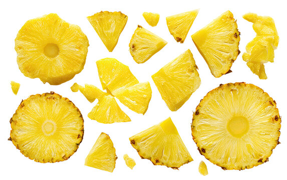Sliced pineapple segments, arranged in a chaotic pattern.  Bright yellow flesh, contrasted by a dark outline